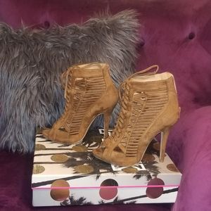Brown Suede Peep Toe Heels